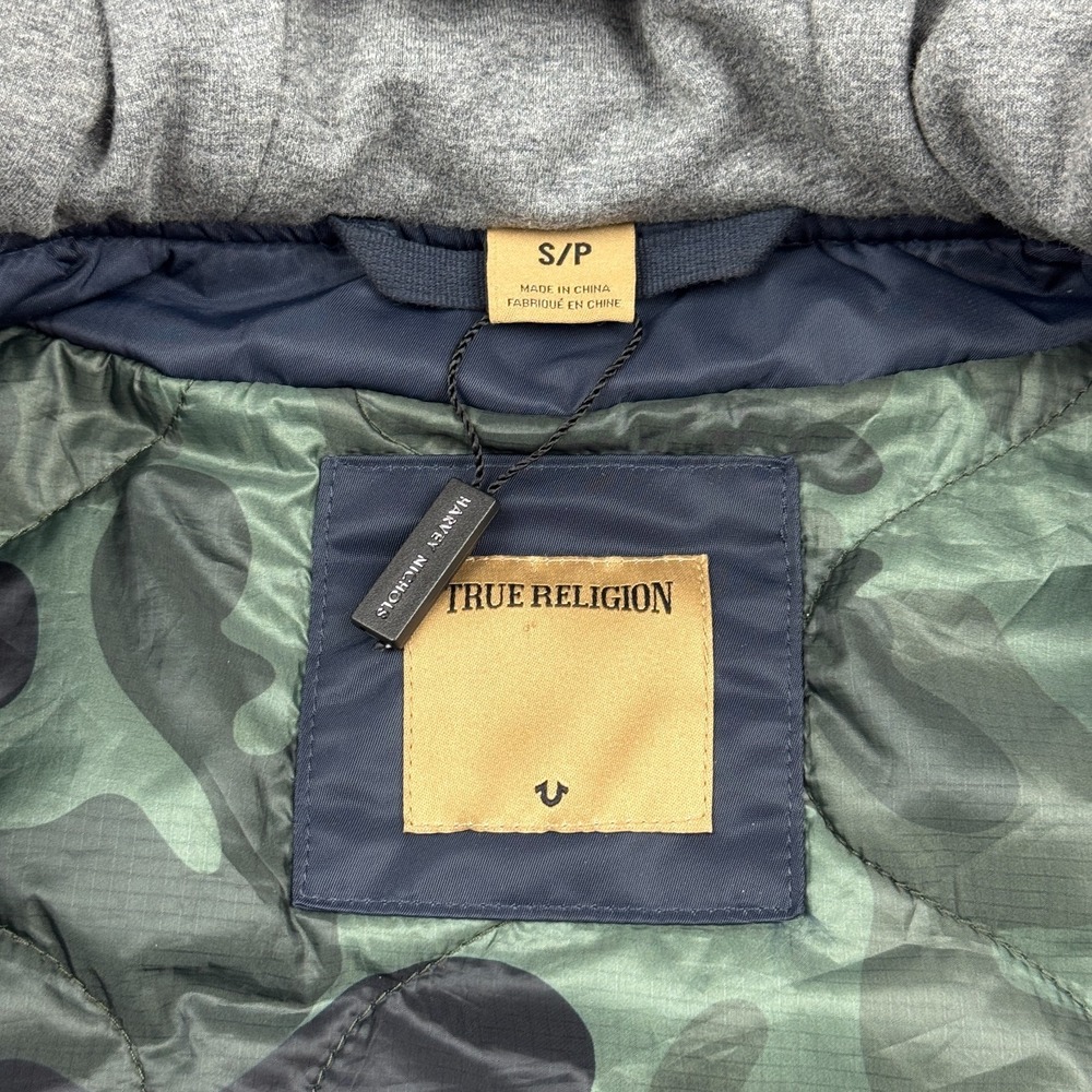 True Religion Bomber Jacket Mens Small Blue Quilted Full Zip Hooded Pockets Coat - Picture 2 of 13